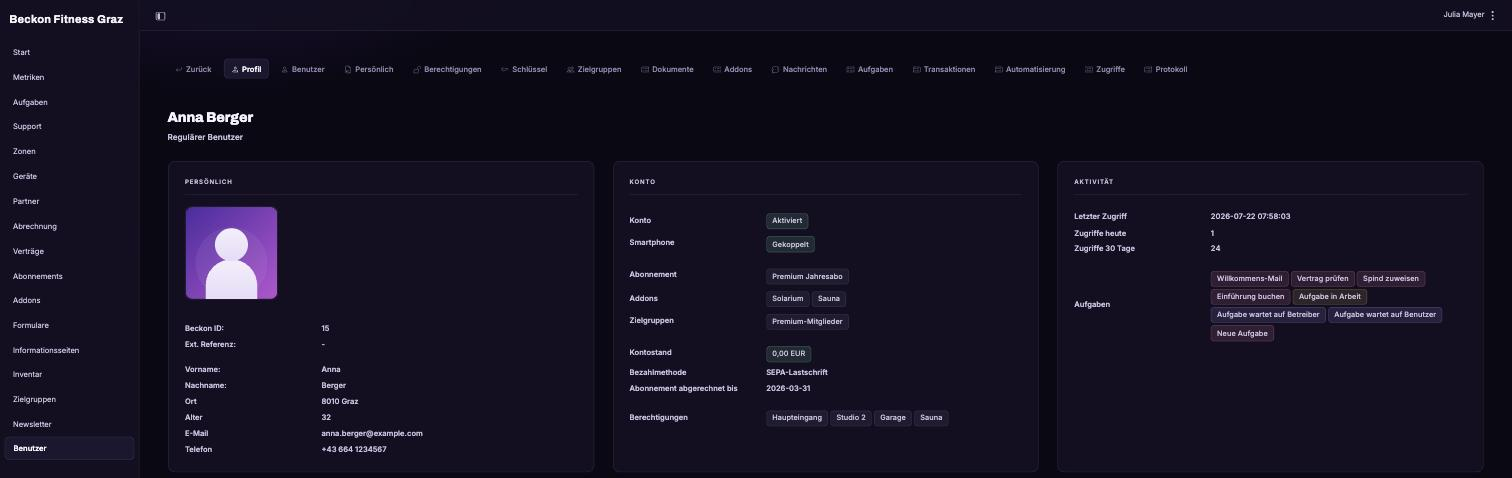 Beckon Access Management Portal - Benutzerprofil mit Berechtigungen, Konto und Aktivität