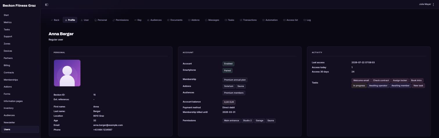 Beckon Access management portal - member profile with permissions, account and activity